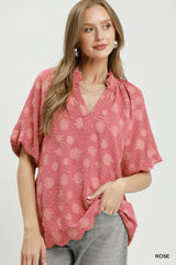 UMGEE Floral Textured Short Sleeve V-Neck Blouse