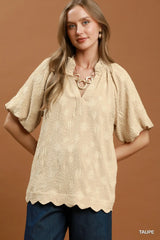 UMGEE Floral Textured Short Sleeve V-Neck Blouse