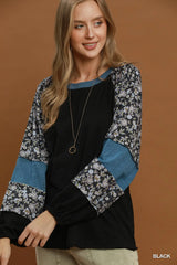 UMGEE Mixed Floral Color Block Top