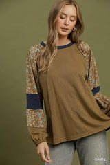 UMGEE Mixed Floral Color Block Top