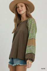 UMGEE Mixed Floral Color Block Top