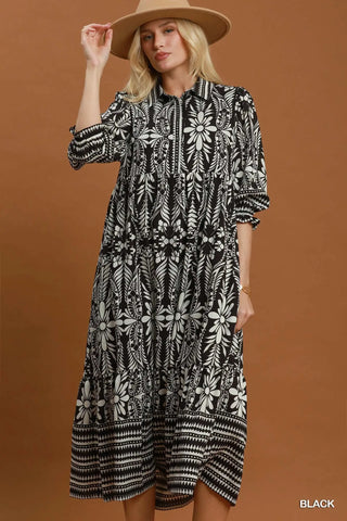 UMGEE Botanical Border Print Tiered Midi Dress