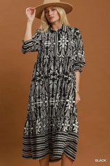 UMGEE Botanical Border Print Tiered Midi Dress