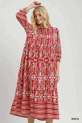 UMGEE Botanical Border Print Tiered Midi Dress