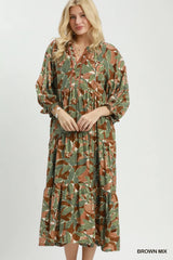 UMGEE Mix Abstract Print Tiered Boho Midi Dress