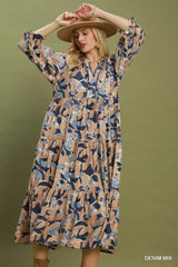 UMGEE Mix Abstract Print Tiered Boho Midi Dress
