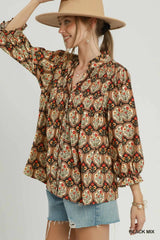 UMGEE Boho Floral Medallion Print Split Neck Blouse