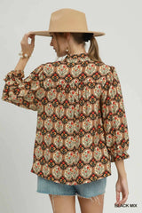 UMGEE Boho Floral Medallion Print Split Neck Blouse