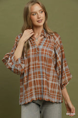 UMGEE Plaid Print Relaxed Collared Blouse