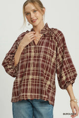 UMGEE Plaid Print Relaxed Collared Blouse