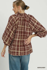 UMGEE Plaid Print Relaxed Collared Blouse