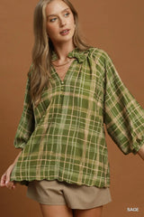 UMGEE Plaid Print Relaxed Collared Blouse
