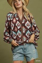 UMGEE Abstract Medallion Print V-Neck Long Sleeve Blouse
