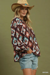 UMGEE Abstract Medallion Print V-Neck Long Sleeve Blouse