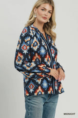 UMGEE Abstract Medallion Print V-Neck Long Sleeve Blouse