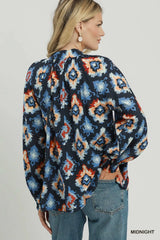 UMGEE Abstract Medallion Print V-Neck Long Sleeve Blouse