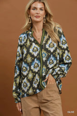UMGEE Abstract Medallion Print V-Neck Long Sleeve Blouse