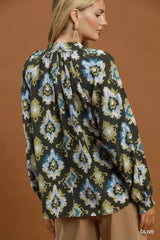 UMGEE Abstract Medallion Print V-Neck Long Sleeve Blouse