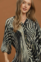 UMGEE Zebra Print Button Front Balloon Sleeve Top