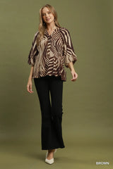 UMGEE Zebra Print Button Front Balloon Sleeve Top