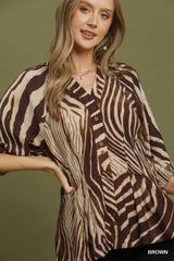 UMGEE Zebra Print Button Front Balloon Sleeve Top