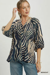 UMGEE Zebra Print Button Front Balloon Sleeve Top