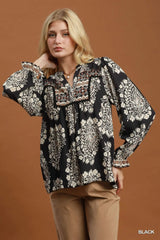 UMGEE Boho Paisley Floral Contrast Yoke Blouse