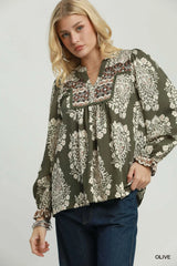 UMGEE Boho Paisley Floral Contrast Yoke Blouse