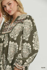 UMGEE Boho Paisley Floral Contrast Yoke Blouse