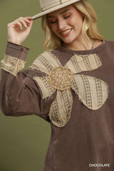 UMGEE Mineral Wash Floral Patchwork Long Sleeve Top