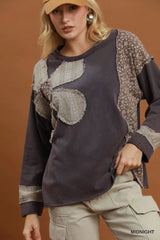 UMGEE Mineral Wash Floral Patchwork Long Sleeve Top
