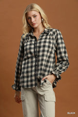 UMGEE Gingham Ruffle Trim Button-Up Blouse