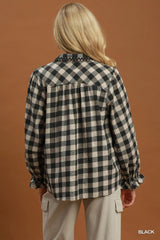 UMGEE Gingham Ruffle Trim Button-Up Blouse