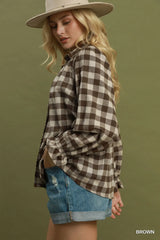 UMGEE Gingham Ruffle Trim Button-Up Blouse