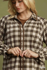 UMGEE Gingham Ruffle Trim Button-Up Blouse