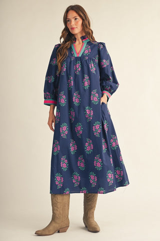 Puff Shoulder Floral Print Midi Dress