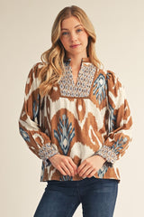 Smocking Detail Abstract Pattern Top