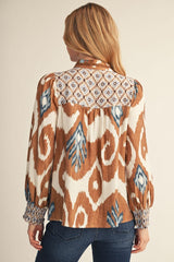 Smocking Detail Abstract Pattern Top