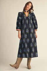 Puff Shoulder Floral Print Midi Dress