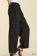 Linen Blend Cargo Pant with Pockets/Fray Hem