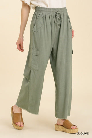 Linen Blend Cargo Pant with Pockets/Fray Hem