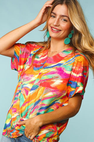 Watercolor V Neck Drop Shoulder Short Sleeve