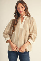 Ruffled Neckline Tiny Gingham Check Blouse