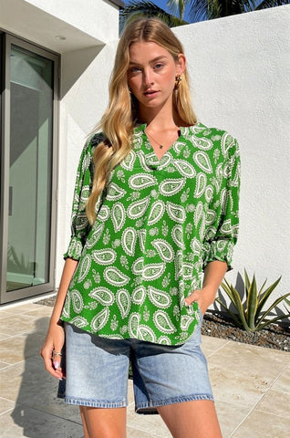 DEAR SCARLETT Kelly Green Lizzy Smocked Sleeve Top
