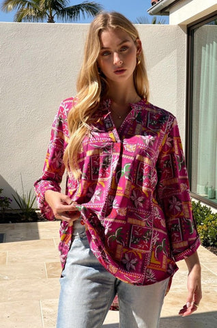 DEAR SCARLETT Hot Pink Lizzy Block Print Top